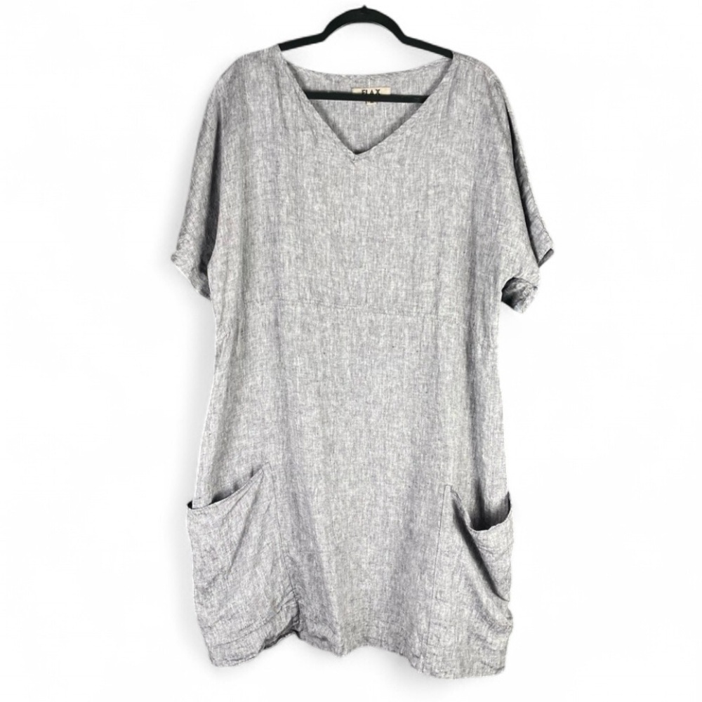 Flax Linen Gray Dress M Lagenlook Boho Minimalist Loose Fit Short Sleeve Pockets